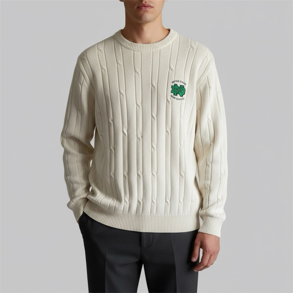Vtg 80sY2K Sweater M Beige Notre Dame High School Cable‎ Knit Preppy Academia